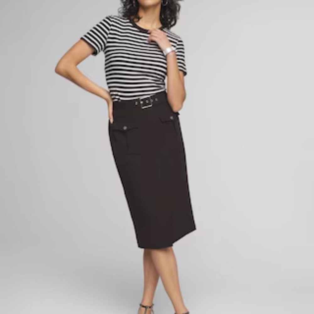 Classic Black Belted Pencil Skirt - Women's